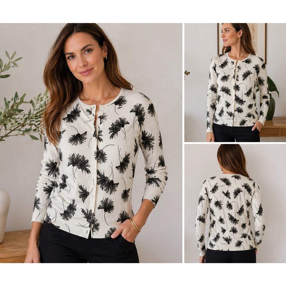 Talbots Cardigan Women’s M Spring Floral Lightweight Button Down White/Black